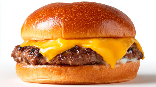 Classic cheeseburger with a golden and shiny brioche bun.