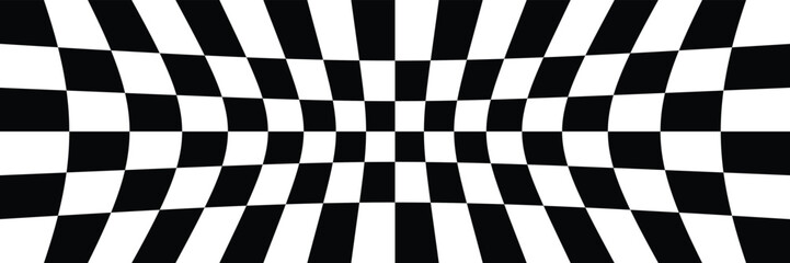 Black and white checker pattern vector illustration. Wave chess board. Abstract checkered checkerboard for game. Grid geometric square shape. Race flag. Retro mosaic floor