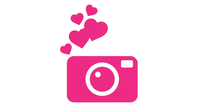 A pink camera icon with hearts floating above it on a Transparent Background