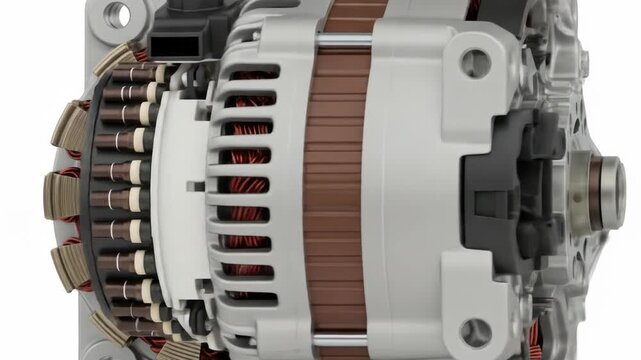 Cutaway of an automotive alternator showcases internal components wiring, stator, rotor, rectifiers, and housing. Exposed wires and metal