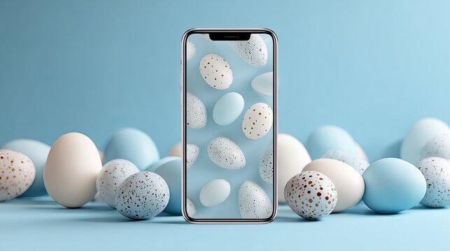 A smartphone displays a screen of Easter eggs surrounded by real eggs on a blue background