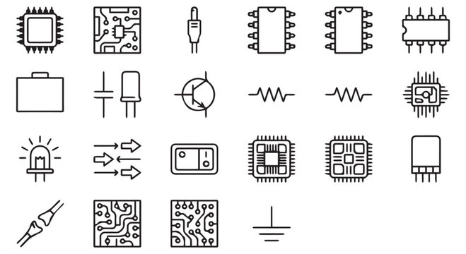 A collection of various electronic components and circuit board symbols in black and white