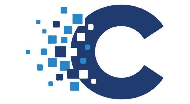 A large blue letter C with small squares flying off it on a Transparent Background
