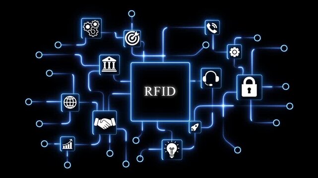 R F I D Technology Concept with Network Connections and Business Glowing Blue on Dark Background RFID technology