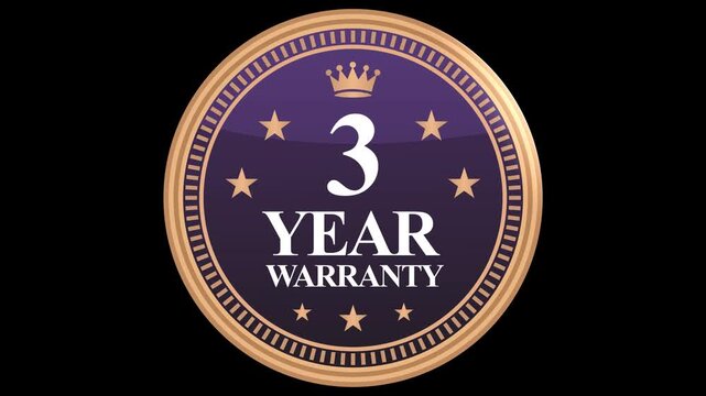 Golden 3 year warranty certified stamp animation, professional quality assurance label for retail marketing.