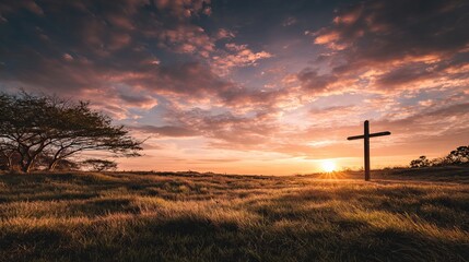 Obraz premium A serene landscape of a cross standing in a field at sunset with a tree in the distance under a vibrant sky.