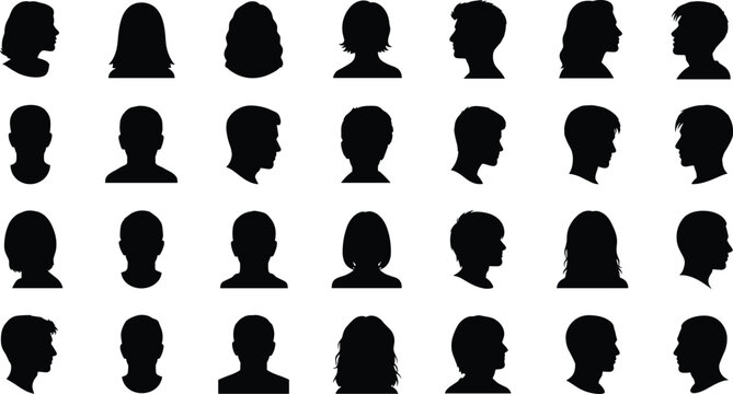 Human head silhouettes illustration, diverse profiles collection, hairstyle variations, identity recognition concept, vector art design, psychological perception study