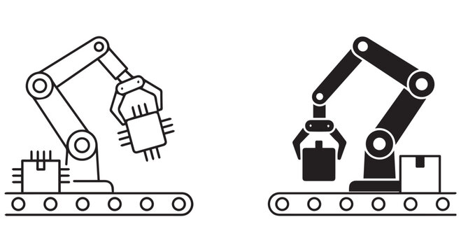 Two robotic arms with different designs and colors on a production line or factory floor