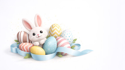 Fototapeta premium Adorable Easter bunny character with a decorated blue egg, surrounded by pastel eggs and a soft ribbon on white, plenty of negative space for text or design.