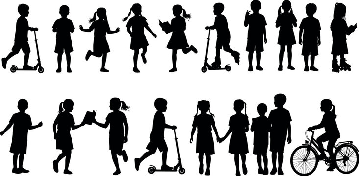  Children silhouette vector illustration, kids playing outdoors, walking, running, riding scooters, giving high-fives, social activity concept, fun lifestyle design