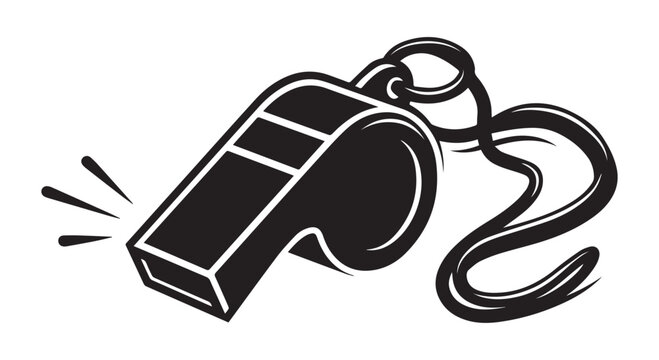 A black and white illustration of a whistle on a lanyard blowing loudly