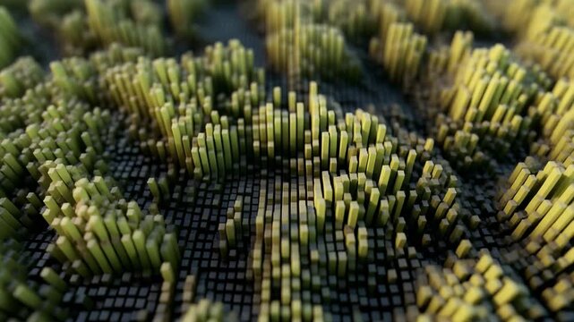 Abstract landscape of green and grey cuboids