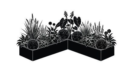 A detailed black and white illustration depicts a corner garden planter filled with diverse foliage a striking silhouette high quality professional © CreativeAkash099