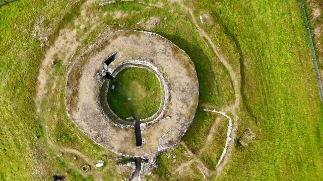 Carn Liath Broch Archaeological Site along the North Coast 500 NC500 Road Trip, Iconic Scottish Landmark Aerial Footage, Sutherland Travel Destination