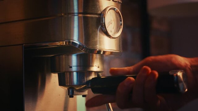espresso machine making fresh morning coffee against brick wall