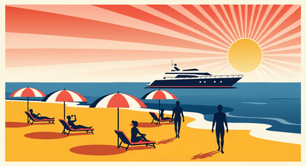 Beach resort with people relaxing on sun loungers under red umbrellas and yacht sailing on sea at sunset vector illustration of summer holiday travel © wt