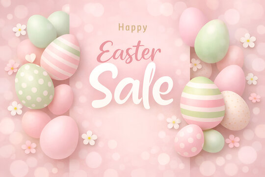 Easter sale banner with pastel Easter eggs on a pink background with copy space. Easter promotional mockup with Happy Easter Sale text for advertising, seasonal discount, retail promotion, marketing.