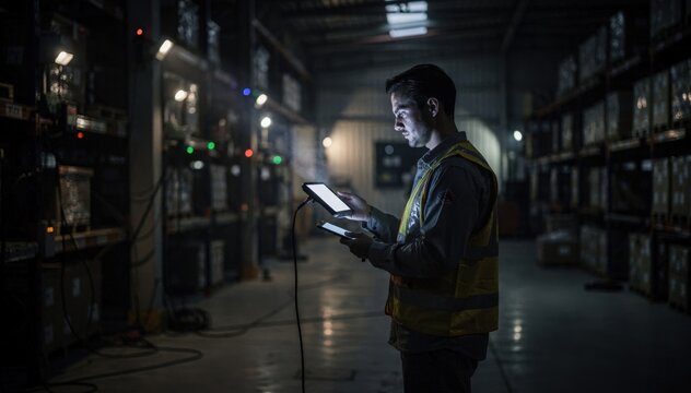 Dimly lit warehouse setting showing a technician measuring WiFi interference during night shift focusing on precise network mapping in challenging light.