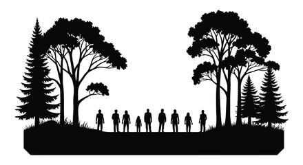 A group of people walk between dense trees under a bright sky depicted in striking silhouette high quality professional detailed modern © CreativeAkash099