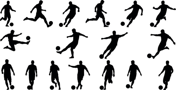 Soccer players silhouette vector illustration, dynamic action poses, kicking, dribbling, running, ball control artwork, sports fitness design background