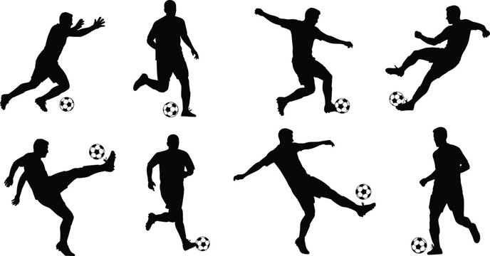 Soccer player silhouettes in dynamic poses with ball, vector illustration showing athletic movement, sports action theme, football artwork design