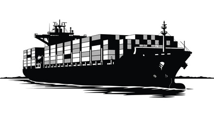 A striking graphic depiction of a large container ship sailing on water rendered in a bold silhouette high quality professional detailed © GDOthoi02