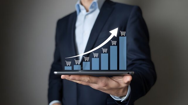 Sale growth concept. Businessman showing graph of increase in sales volume with shopping cart on virtual screen for ecommerce growth.