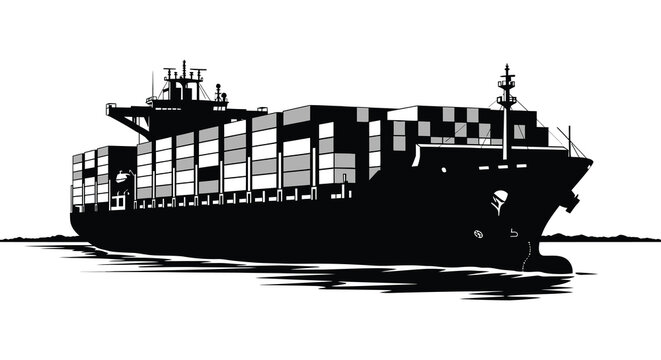 A striking graphic depiction of a large container ship sailing on water rendered in a bold silhouette high quality professional detailed