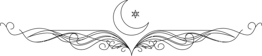A black and white line drawing of a crescent moon and star © Ferdaus Ahmed