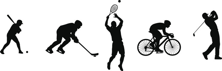 Obraz premium Sports silhouettes featuring baseball, hockey, tennis, cycling, and golf, athletic diversity illustration, physical activity design, fitness concept, recreation theme