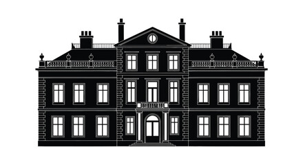 A detailed black silhouette of a grand mansion with symmetrical architecture and ornate rooftop details silhouette high quality professional modern elegant © CreativeAkash099