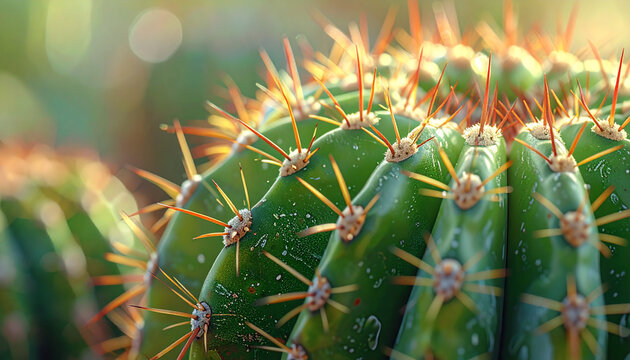 Close up of a vibrant green cactus with sharp spines and blurred background