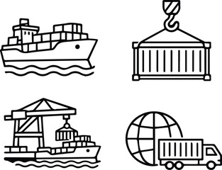 Fototapeta premium Global Shipping and Cargo Logistics Line Icons Set