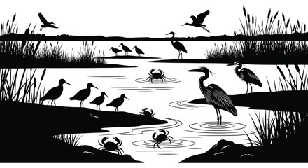 A serene wetland scene depicts various birds crabs and reeds rendered in a striking black silhouette high quality professional detailed modern © CreativeAkash099