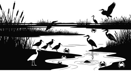A serene wetland scene depicting various wading birds and crabs in a striking black silhouette high quality professional detailed modern elegant © CreativeAkash099