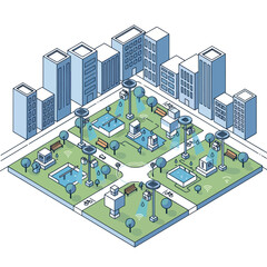 Isometric City Park Illustration with Modern Amenities and Green Spaces.