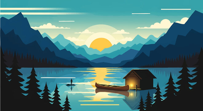 Tranquil lake scene at sunrise with lone paddleboarder small wooden hut and canoe on calm water surrounded by forest and mountains serene outdoor escape