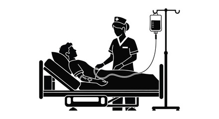 A healthcare worker attends to a patient lying in a hospital bed depicted in a striking silhouette high quality professional detailed © GDOthoi02