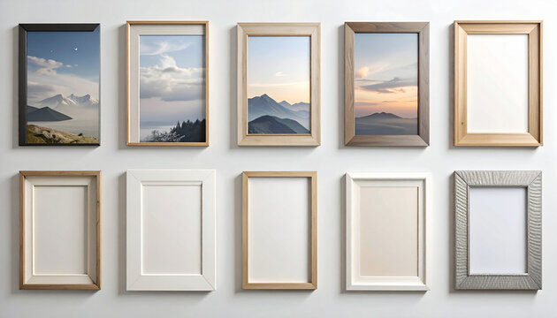 Collection of various picture frames against a white wall for display and design