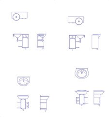 Technical architectural furniture blocks showing various bathroom sink and basin fixtures in plan view including wall-mounted, pedestal and vanity units with cabinets.