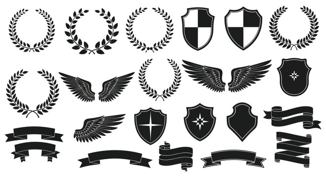 A collection of black laurel wreaths shields wings and ribbons in a graphic design silhouette high quality professional detailed modern elegant