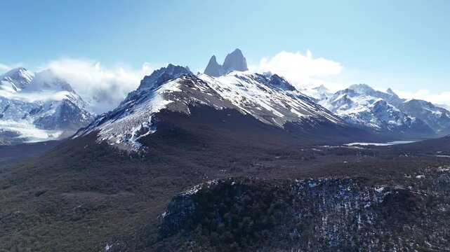 Majestic Mount Fitz Roy (Cerro Chalten) at sunrise. Iconic granite peaks and glaciers in Los Glaciares National Park.
