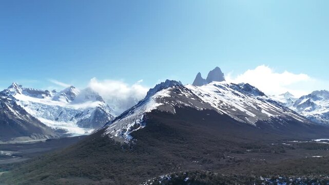 Majestic Mount Fitz Roy (Cerro Chalten) at sunrise. Iconic granite peaks and glaciers in Los Glaciares National Park.