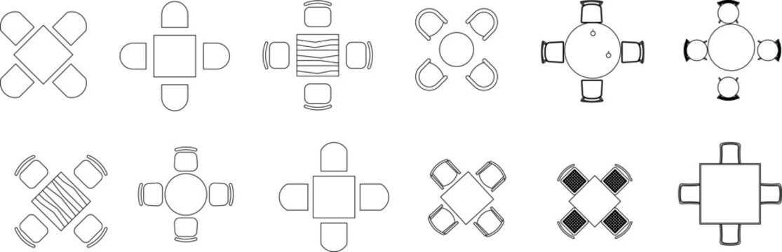 Technical architectural furniture blocks showing various table and chair arrangements in plan view including square, round tables with different seating configurations and wood textures.
