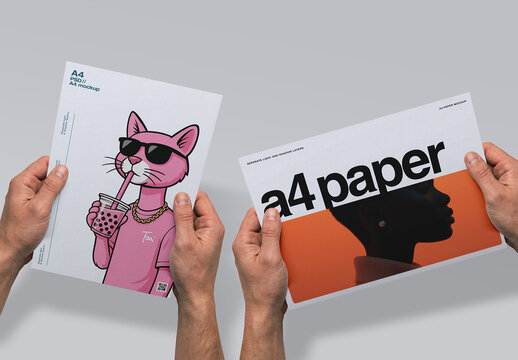 A4 Paper Mockup - Hands Holding Sheet (Portrait & Landscape)