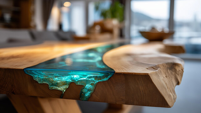 Close-up of a finished wooden table with blue epoxy resin river under warm lamp light, defocused room interior, blue epoxy table lamp, resin wood table detail, glowing blue resin,
