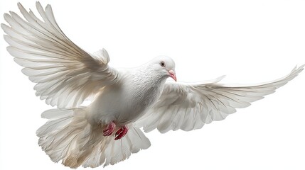Obraz premium A white dove is flying in the air with its wings spread wide