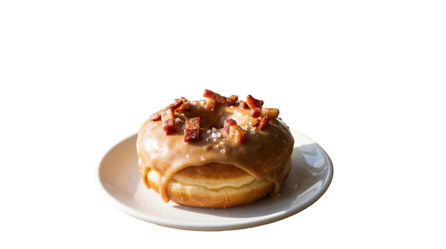 Delicious maple bacon donut on white plate closeup