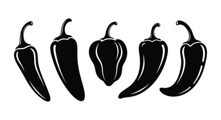 A collection of five black chili pepper shapes displayed in a row presented as a striking silhouette high quality professional detailed © GDOthoi02