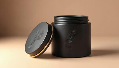 Black matte cylinder container mockup with lid. Embossed plant design on elegant packaging. Ideal for luxury tea, coffee, or cosmetic products. Empty blank template for branding.